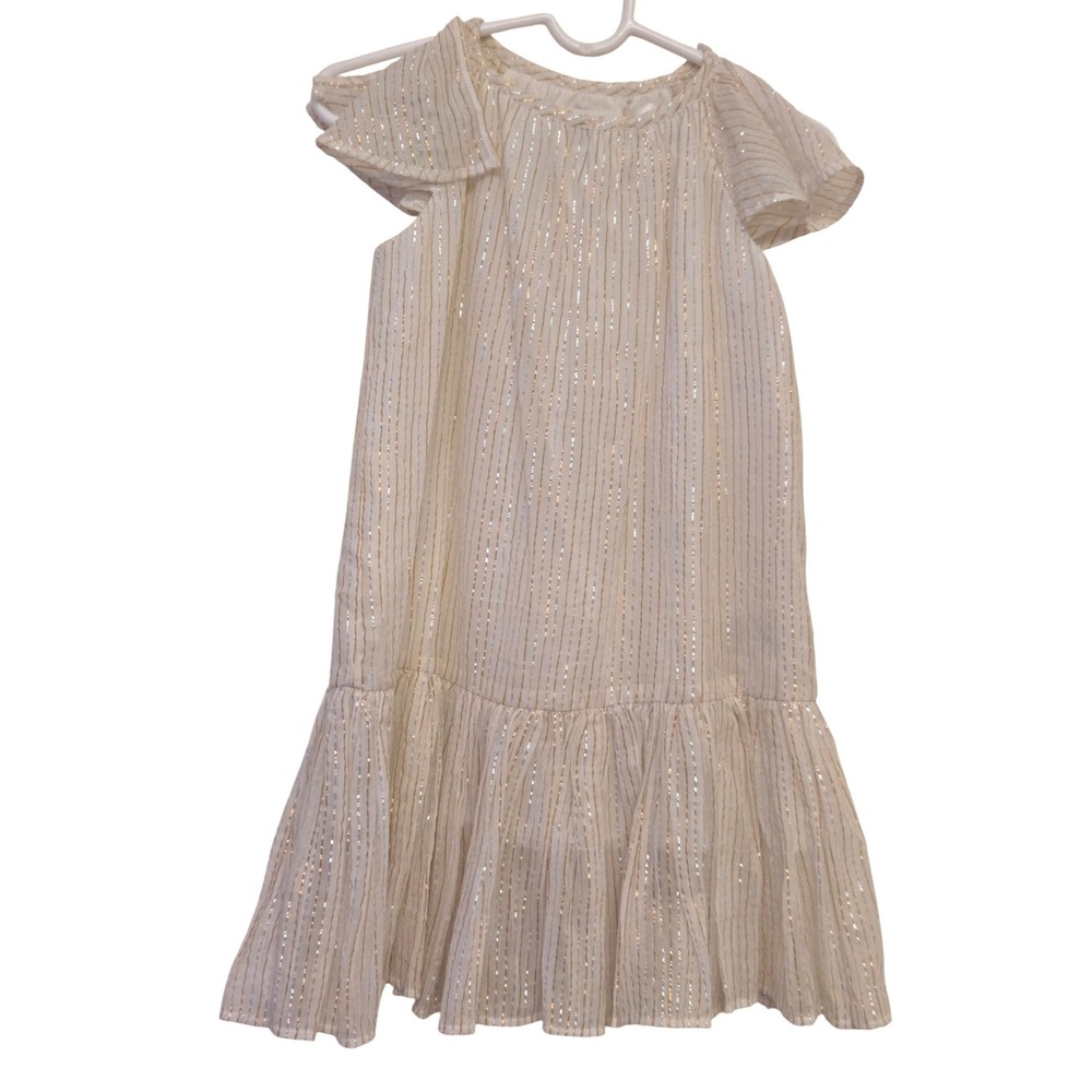 Molo Calee Girls Dress Metallic Gold Silver‎ Stripe Flutter Sleeve White 98- 3T
